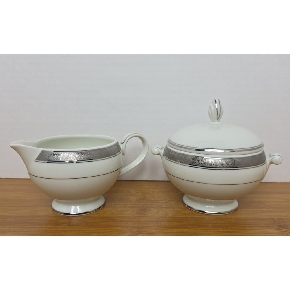 Mikasa Fine China Palatial Platinum Creamer & Sugar Bowl L3235 White & Silver
